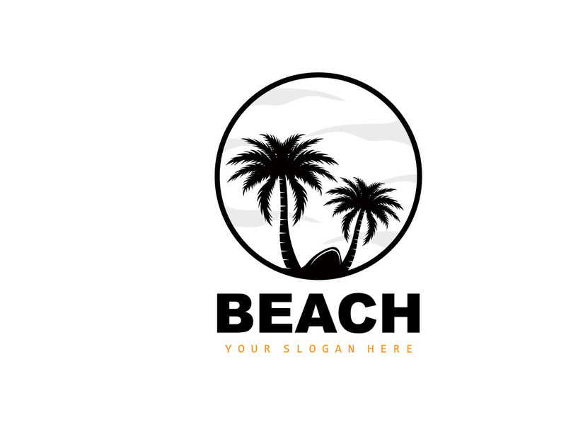 Coconut Tree Logo With Beach Atmosphere, Beach Plant Vector, Sunset View Design