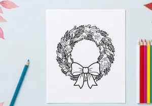 Hand-drawn white fur Christmas wreath with silver bow for festive holiday decor