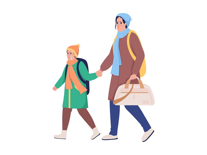 Mother with son running away from war flat color vector characters