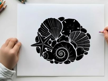 Silhouette of seashells and starfish on a beach