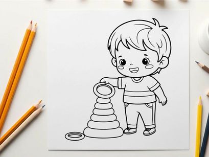 Cute child playing with stacking rings vector illustration