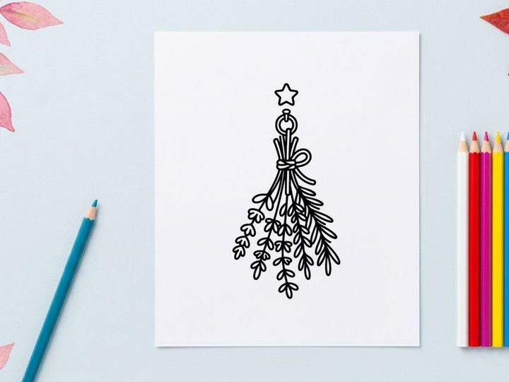 Daun mistletoe Halloween buatan tangan dengan hiasan bintang untuk dekorasi meriah. Ilustrasi ranting liburan yang indah untuk kartu, undangan, dan desain musiman.