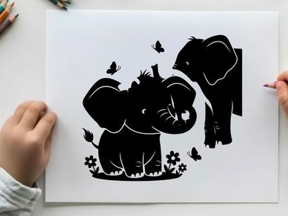 Silhouette of two elephants and butterflies in flowers
