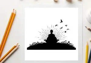 Serene silhouette of a person meditating in nature with birds flying free