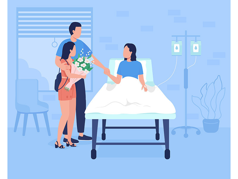 Family support for hospitalized patient flat color vector illustration