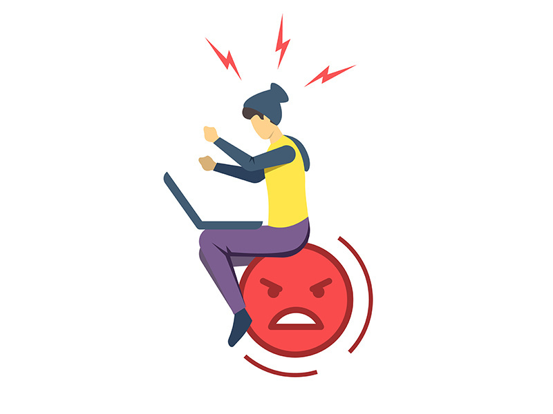 Angry guy with laptop semi flat RGB color vector illustration