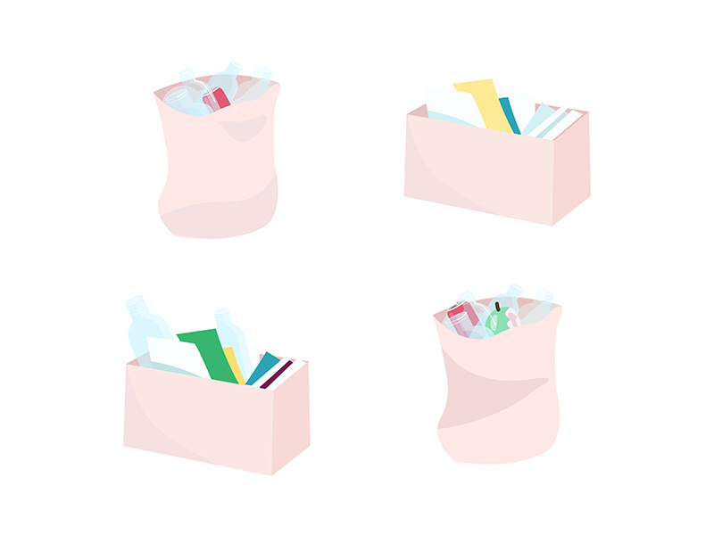 Waste boxes and bags flat color vector objects set
