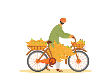 Male Indian carrying bananas on bicycle flat color vector faceless character preview picture
