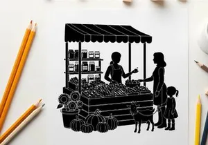 Silhouette of woman and child buying produce at outdoor market stall