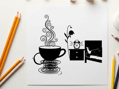 Silhouette of a steaming cup with flower and clock