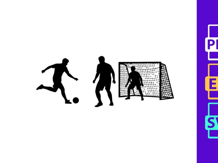 Silhouette of soccer players in action kicking and defending a ball