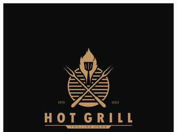 Simple Barbecue Vintage hot grill, with crossed flames and spatula. Logo for restaurant, badge, cafe and bar.vector preview picture