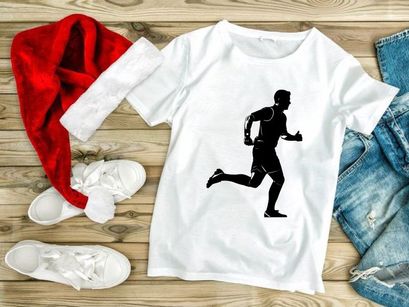 A silhouette of a man running in athletic wear on a white background