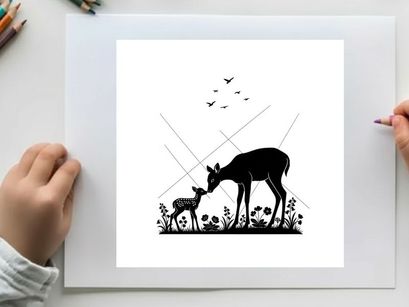 Deer silhouette of mother and fawn in wildflowers with birds