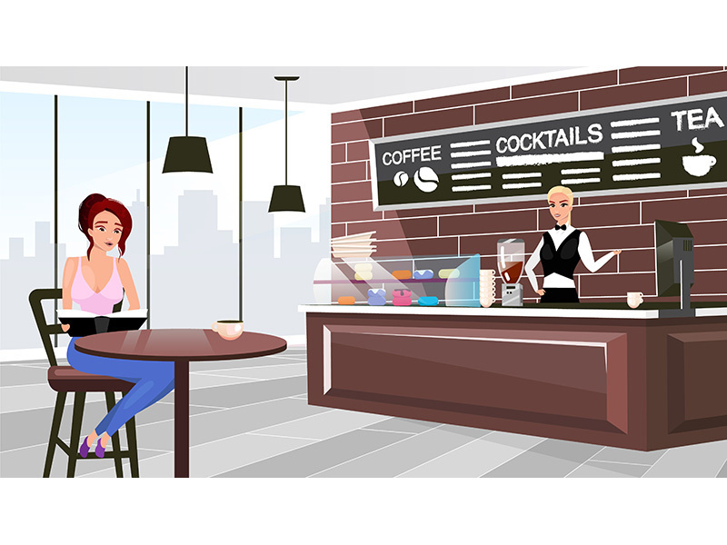 Coffee shop visitor sitting at table flat vector illustration