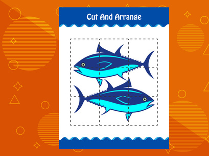 10 Pages Cut and arrange with a fish worksheet for kids. Educational game for children