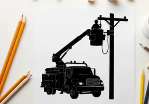 Silhouette of a utility worker in a bucket truck repairing a telephone pole silhouette