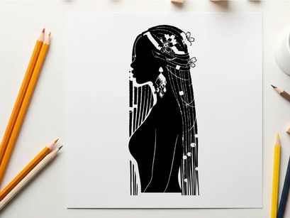 Silhouette of a woman with long hair and ornaments