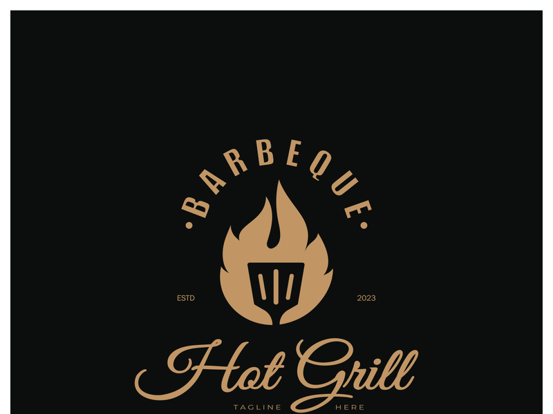 Simple Barbecue Vintage hot grill, with crossed flames and spatula. Logo for restaurant, badge, cafe and bar.vector