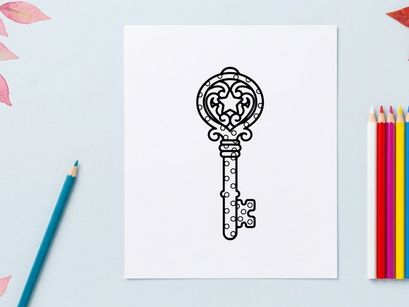 Vintage-Schlüssel mit aufwendigem gotischem Design und Stern-Detail. Antike Skelettschlüssel-Illustration für Dark-Fantasy- und Halloween-Deko.