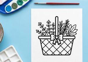 Hand-drawn Halloween gift basket with floral decorations. Spooky themed woven container filled with autumn plants and festive ribbon bow.