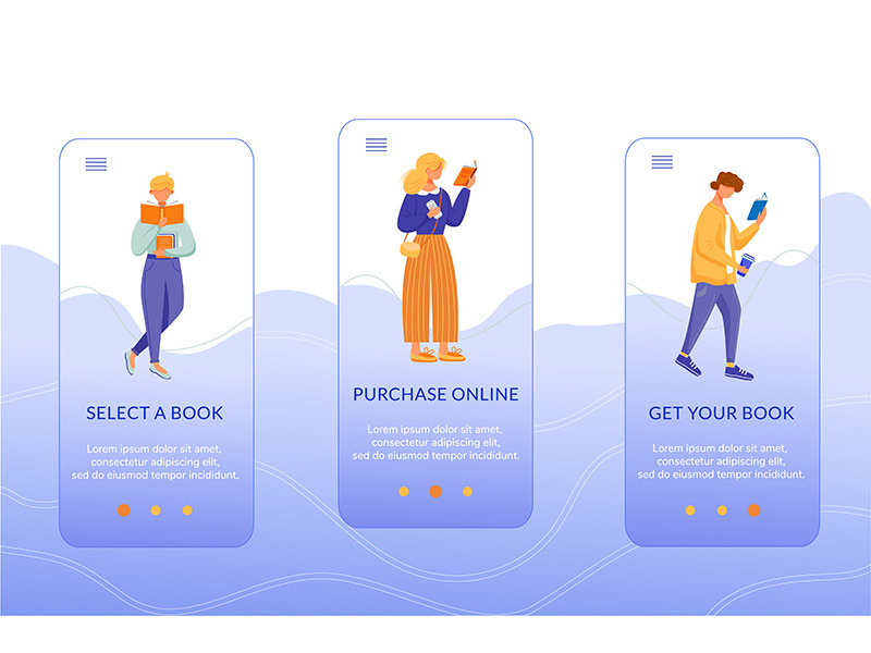 Online bookstore onboarding mobile app screen vector template
