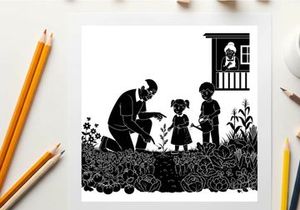 Silhouette of a man and children in a garden with a house