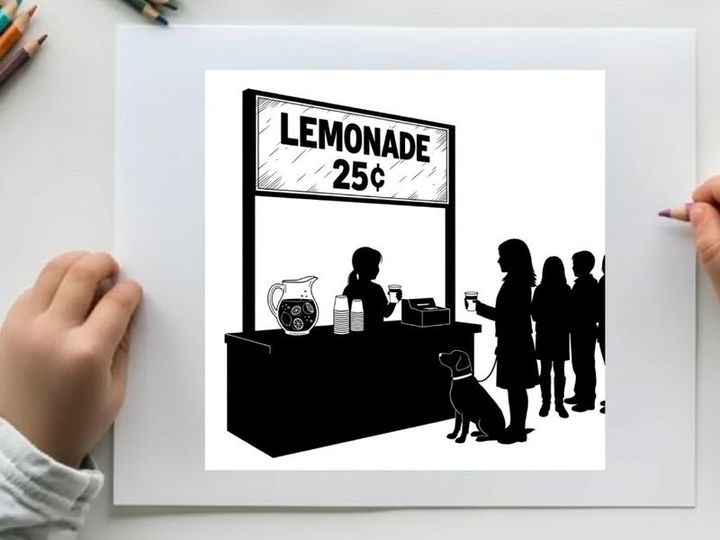 Silhouette of people buying lemonade from a vendor with a dog