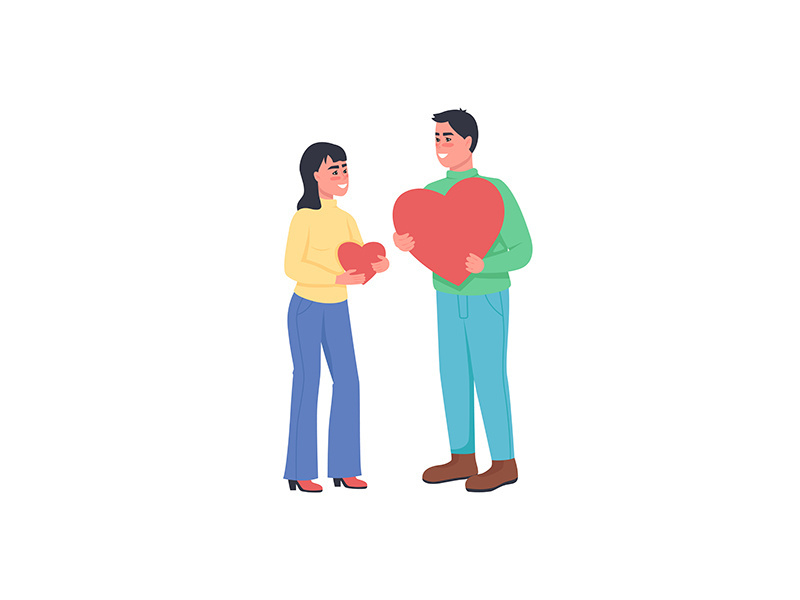 Man and woman with hearts expressing love flat color vector detailed characters