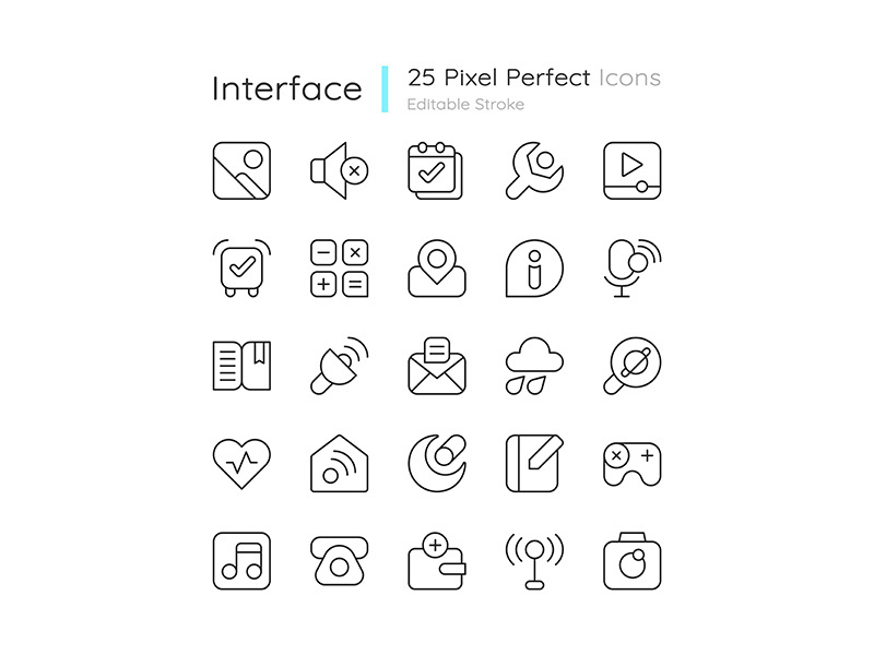 Interface pixel perfect linear icons set