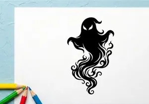 Stylized black silhouette of a mystical ghostly figure with flowing hair