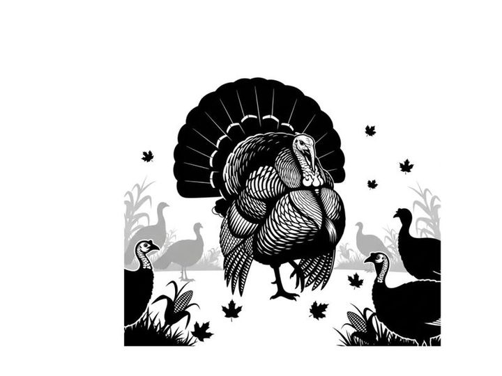 Black and white silhouette of a turkey with feathers spread wide outdoors