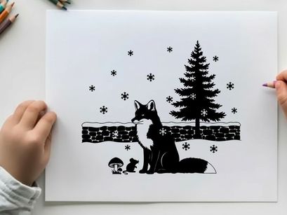 A fox and a mouse in a snowy silhouette landscape with pine tree