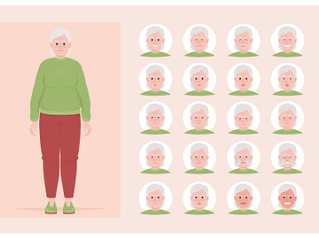 Old woman moods variations semi flat color character emotions set preview picture