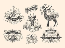 Lettering , typography inside chrismas elements and deer, ball, christmas tree, jingle, new year.