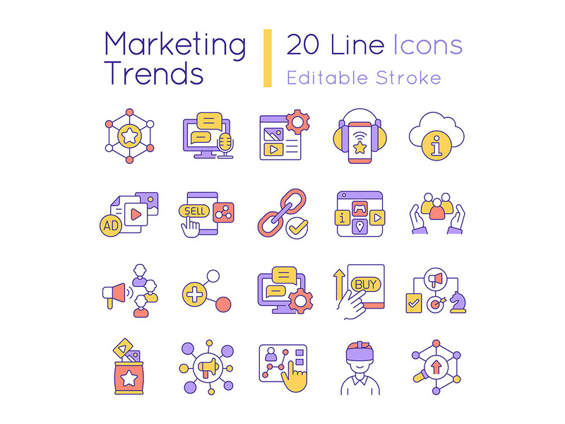 Marketing trends RGB color icons set