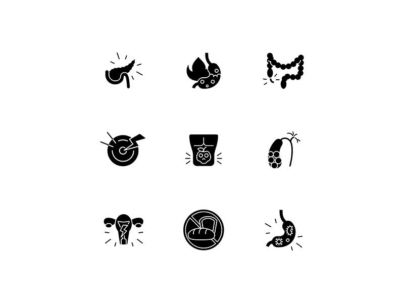 Pain in belly black glyph icons set on white space