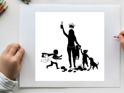 Silhouette of a woman and children playing outside with a dog