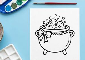 Cute cartoon cauldron with bubbling potion and magical smoke. Whimsical witchcraft cooking illustration for fantasy or Halloween themes.