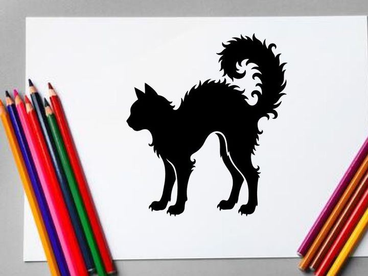 Silhouette eines neugierigen Katers mit flauschigem Schwanz auf weißem Hintergrund