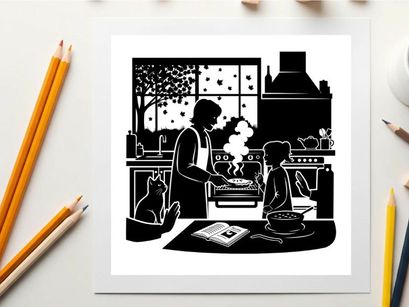 Silhouette of a mother and child in the kitchen with a cat