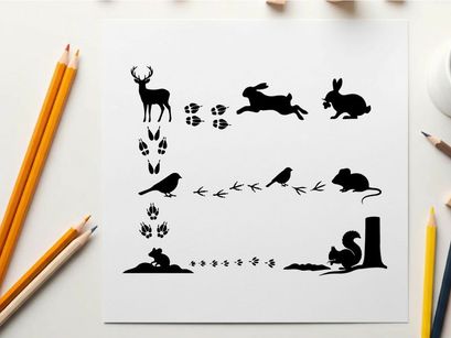 Silhouette of various animals and their footprints in a sequence