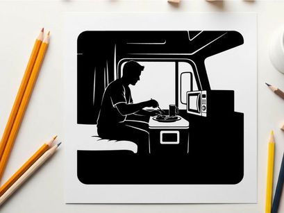 Silhouette of a man sitting in a camper van cooking