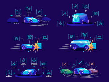 Driverless cars flat color vector illustrations set preview picture