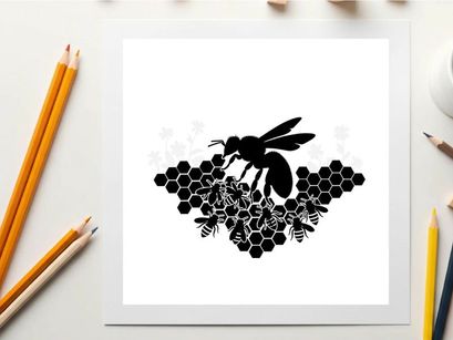 Silhouette of a bee on a honeycomb with smaller bees silhouette