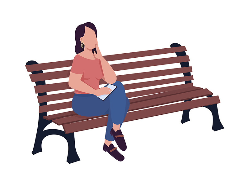 Young woman waiting for someone on bench semi flat color vector character