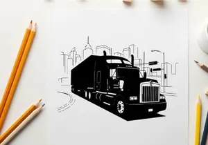 Silhouette of a semi truck driving on a city street at night