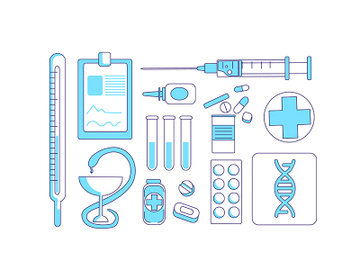 Medicine items turquoise linear objects set preview picture