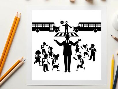 School crossing guard silhouette stopping children and buses