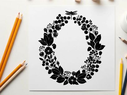 Silhouette of a floral wreath with a dragonfly on top